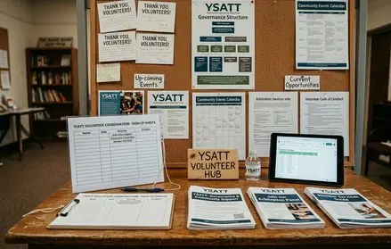 Association members discuss documents at a marina office