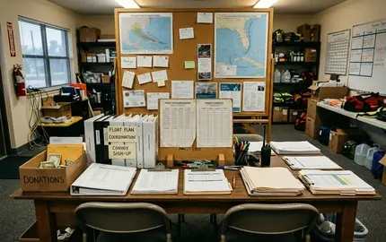 Cruisers review a float plan at a chart table